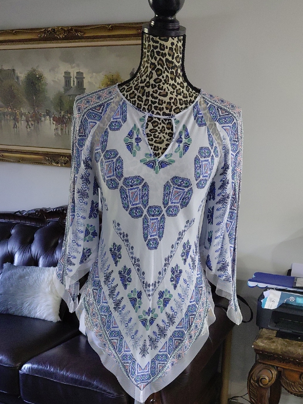 BCBGMaxAzria White Tunic Blouse with Blue & Green Print